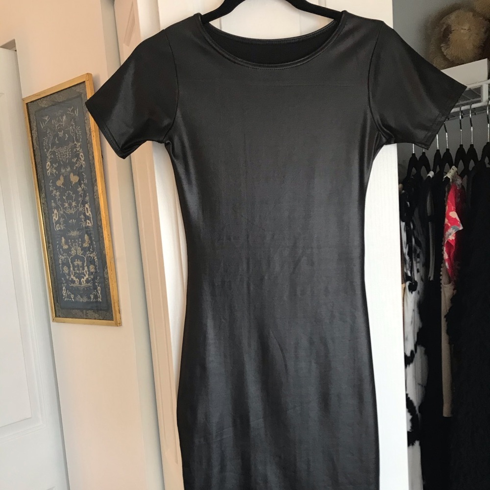 Black metallic/latex midi bodycon dress, XS